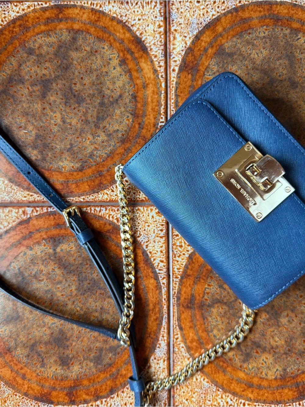 Michael Kors Navy Crossbody with Gold Chain and Lock